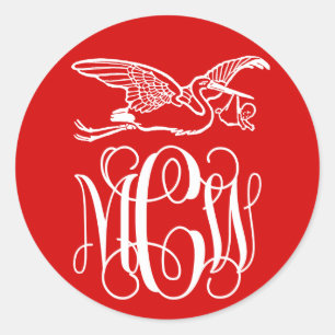 Rotes Weißes Weinreben-Monogramm-Schrift Storch Ba Runder Aufkleber