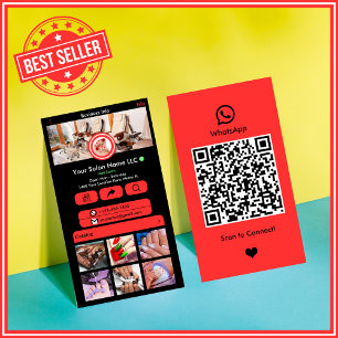 Rotes WhatsApp-Nagelsalon-QR-Social-Media Visitenkarte