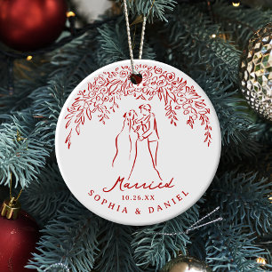 Rotes Whimsical Paar Unser erstes Weihnachten Verh Keramik Ornament