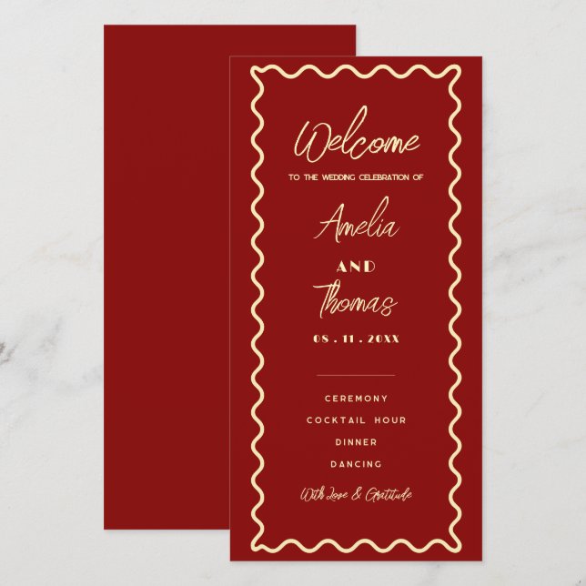 Rotes Whimsical Retro-Elegantes Hochzeitsprogramm- (Vorne/Hinten)