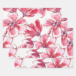 Rotfloraler Wasserfarbendruck Geschenkpapier Set
