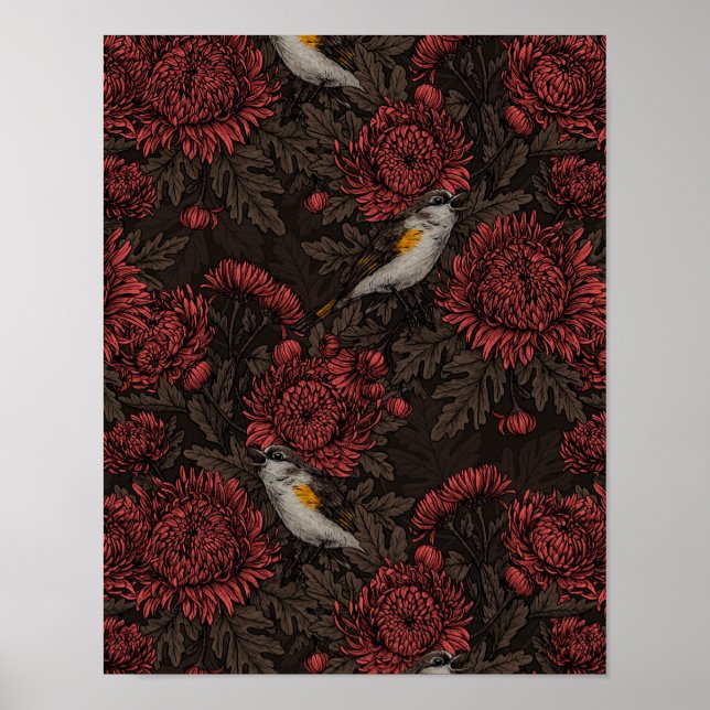 Rotfrüchte in den Chrysanthemen in braun und rot Poster (Vorne)