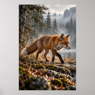 Rotfuchs, der durch einen nebligen Bergwald wander Poster