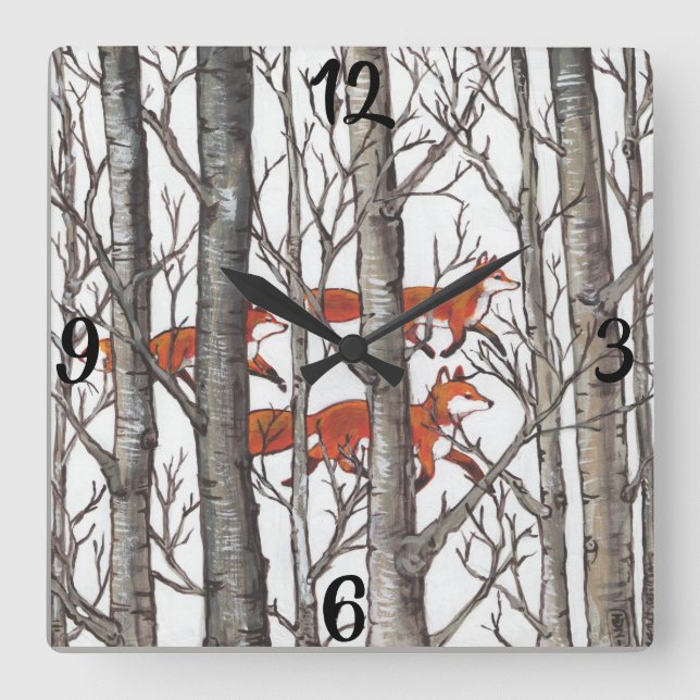 Rotfuchs Füchse Grauer Winterwald Waldzange Quadratische Wanduhr (Vorderseite)