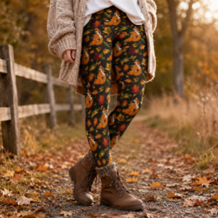 Rotfuchs Herbstlaub Eicheln Grüner Muster Leggings