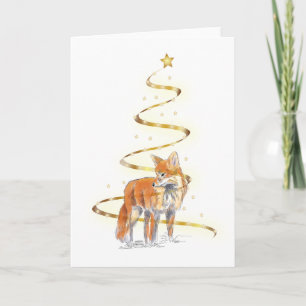 Rotfuchs in einem goldenen Band-Weihnachtsbaum Karte