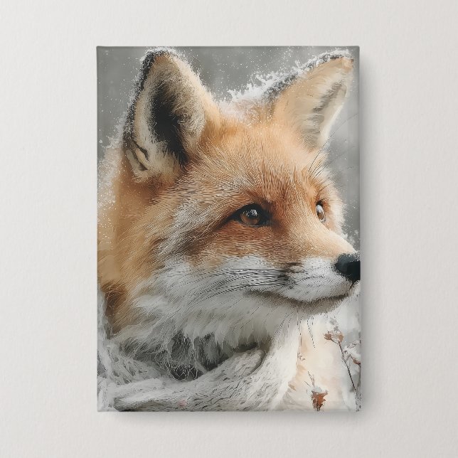 Rotfuchs mit gestricktem Schal in einem schneereic Button (Vorderseite)