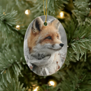 Rotfuchs mit gestrickter Schärpe in einem schneere Keramik Ornament