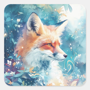 Rotfuchs-Profil in Blau- und Türkis-Aquarellwald Quadratischer Aufkleber