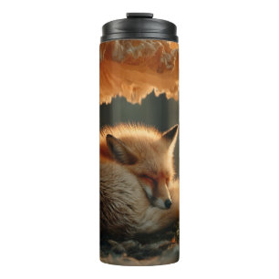 Rotfuchs schlafen unter dem riesigen Pilz Thermosbecher
