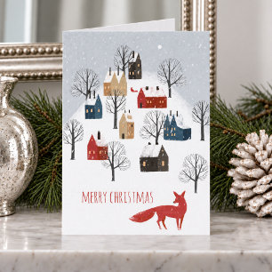 Rotfuchs Schnee Nordisches Dorf Frohe Weihnachten 