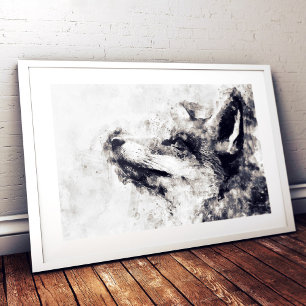 Rotfuchs Schwarz und Weiß Aquarell 01 Fotodruck