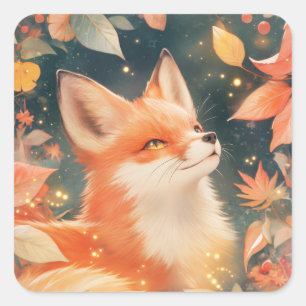 Rotfuchs späht durch leuchtende Herbstblätter Quadratischer Aufkleber