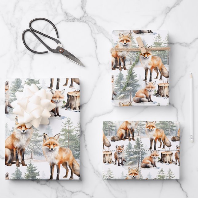 Rotfuchsfamilie im Wald Geschenkpapier Set (Vorderseite)