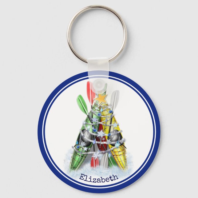 Rotgelb Kajak Weihnachtsbaum personalisiert Schlüsselanhänger (Vorderseite)