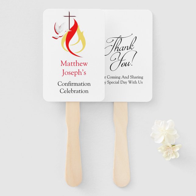 Rotgelbes Feuertaubenkreuz-Bestätigung bestellbar Fächer (Vorne und Hinten)