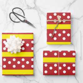 Rotgelbes Polka-Dot-Streifen-Muster Geschenkpapier Set