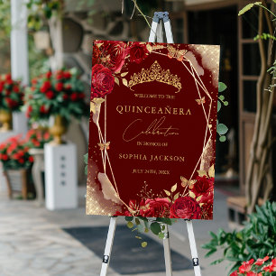 Rotgold Blumen-Rosen-Quinceanera-Schild Willkommen Poster