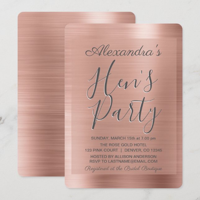Rotgold | Blush Pink Girly Hen's Party Einladung (Vorne/Hinten)