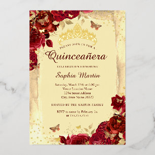 Rotgold elegante florale Butterfly Quinceanera Folieneinladung