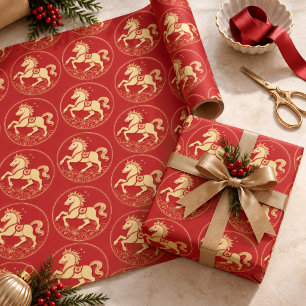 Rotgold-Feuerpferd Chinesisches Neujahr Geschenkpapier