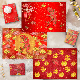 Rotgold Glückswolken Chinesisches Sternzeichen Tig Geschenkpapier Set