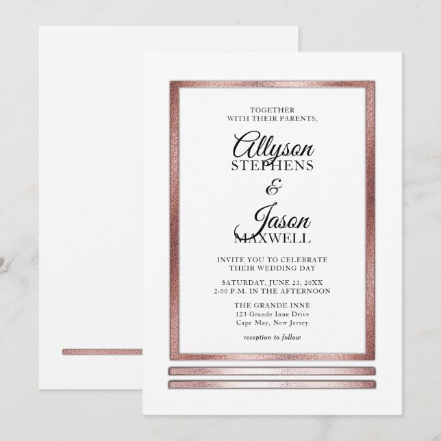 Rotgold | White Modern Simple Elegante Wedding Einladung (Vorne/Hinten)