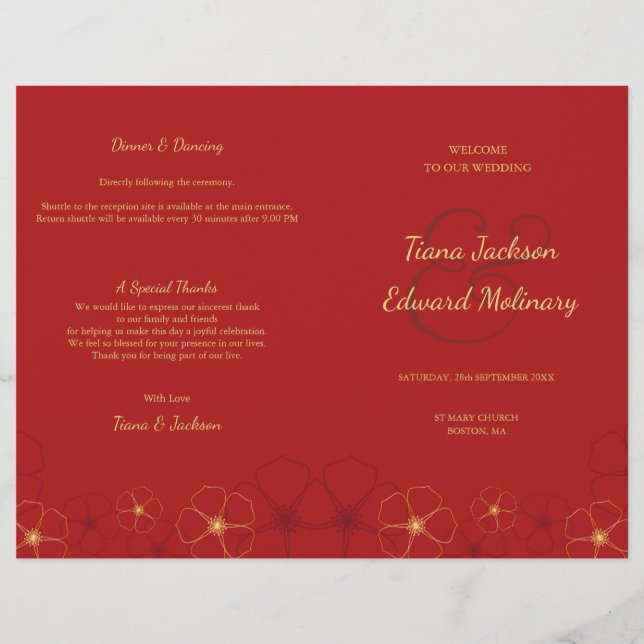 Rotgoldkirschblüten: Gedecktes Hochzeitsprogramm (Vorderseite)