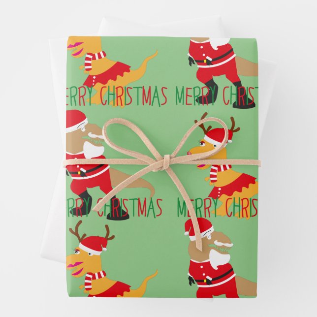 Rotgrüner Santa-Claus Rentierdinosaurier Geschenkpapier Set (Beispiel)
