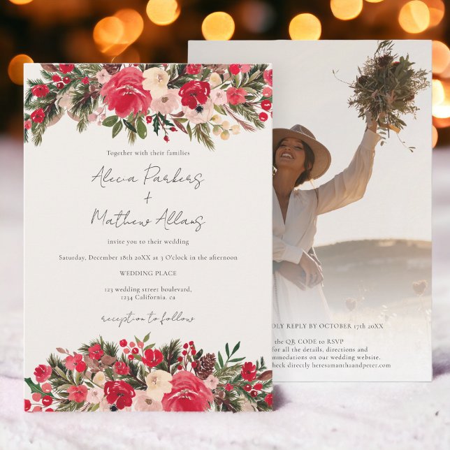 Rotgrüner Winter Foto Qr Code Hochzeit Einladung (Red green winter Floral photo Qr code Wedding Invitation)