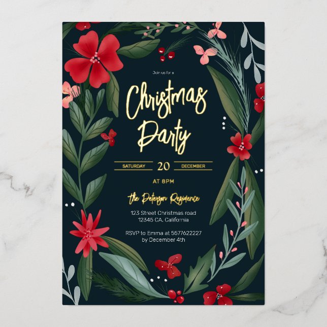 Rotgrünes Blumenmuster Weihnachten Folieneinladung (Vorderseite)