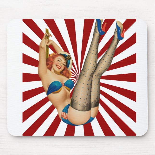 Rothaarige Button-up Girl Retro Sunset Mousepad (Vorne)