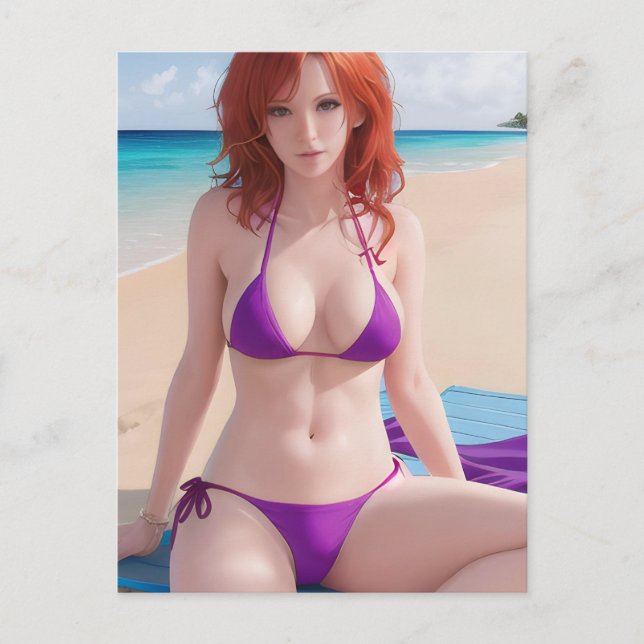 Rothaarige Dame in einem Lila Bikini Postkarte (Vorderseite)