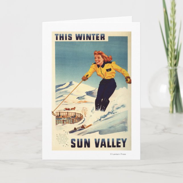 Rothaarige Frau Lächeln und Skiplakat Karte (Vorderseite)