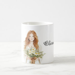 Rothaarige Frau mit Gänseblumen Kaffeetasse