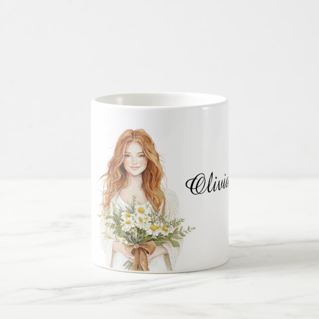 Rothaarige Frau mit Gänseblumen Kaffeetasse (Mittel)