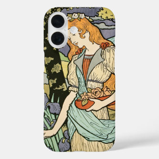 Rothaarige Frau pflückt Blumen Art Nouveau iPhone 16 Hülle