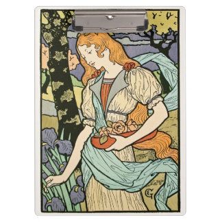 Rothaarige Frau pflückt Blumen Art Nouveau Klemmbrett