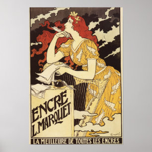 Rothaarige Frau u. Harfe L. Marquet Ink Poster