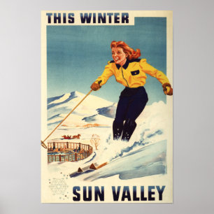 Rothaarige Frauen-lächelndes und Ski fahrendes Poster