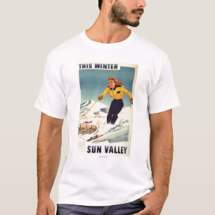 Rothaarige Frauen-lächelndes und Ski fahrendes T-Shirt