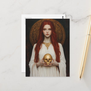 Rothaarige Göttin Lady mit goldenem Totenkopf Postkarte