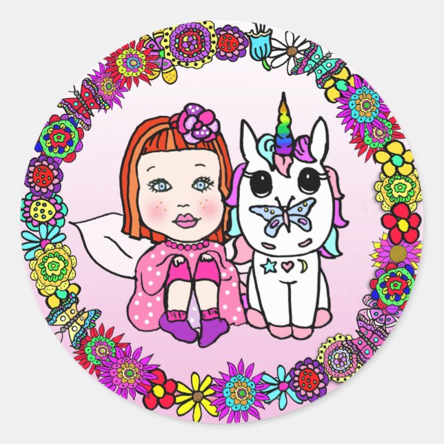 Rothaarige Haare und Regenbogen Einhorn und Schmet Runder Aufkleber (Vorderseite)