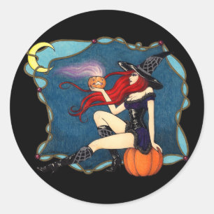 Rothaarige HexenHalloween Runder Aufkleber