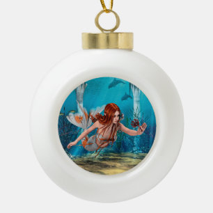 Rothaarige Meerjungfrau Unterwasser-Fantasie-Kunst Keramik Kugel-Ornament