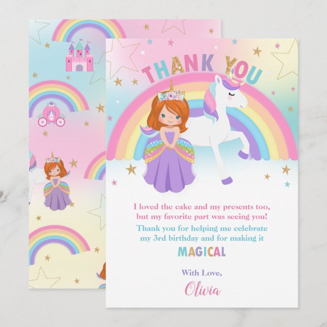 Rothaarige Prinzessin und Regenbogenunicorn zum Ge Dankeskarte (Vorne/Hinten)