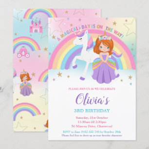 Rothaarige Prinzessin Unicorn Birthday Rainbow Einladung