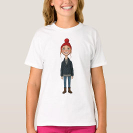 Rothaariges lächelndes Mädchen mit roter Mütze und T-Shirt