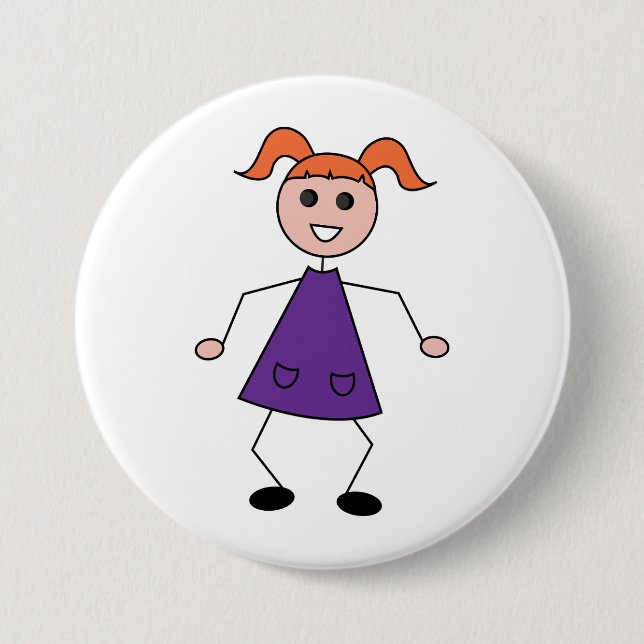 Rothaariges Mädchen-Strichmännchen im lila Kleid Button (Vorderseite)