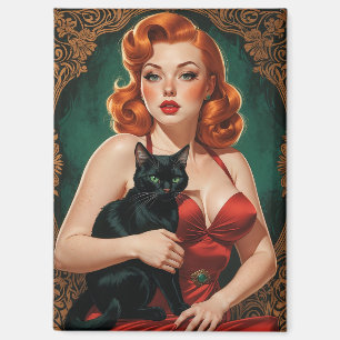 Rothaariges Pin-Up und schwarze Katze  Magnet